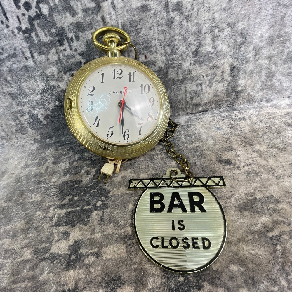 Vtg Spartus Pocket Watch Wall Clock Era Bar Is Open Closed Sign Gold Retro Decor